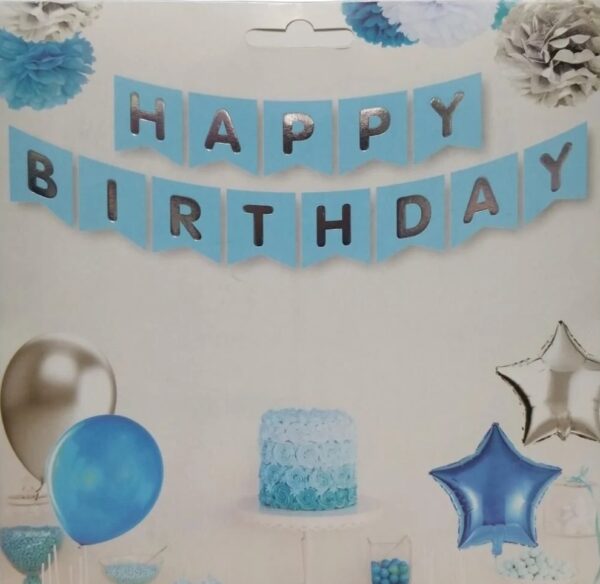 Happy Birthday Yaldızlı Banner Mavi Gümüş