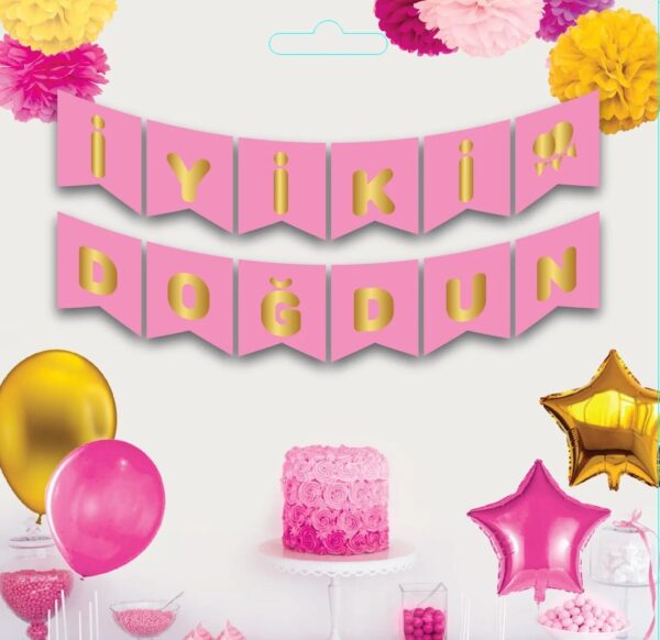 İyi Ki Doğdun Yaldızlı Banner Pembe Gold