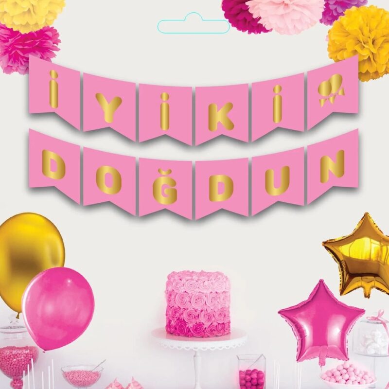 İyi Ki Doğdun Yaldızlı Banner Pembe Gold