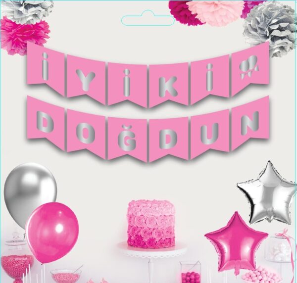 İyi Ki Doğdun Yaldızlı Banner Pembe Gümüş