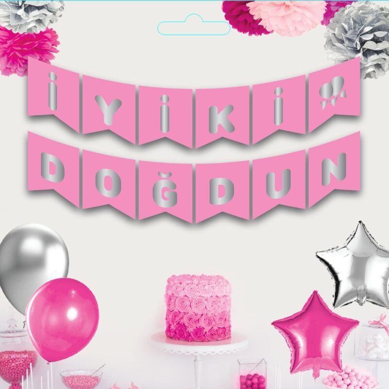 İyi Ki Doğdun Yaldızlı Banner Pembe Gümüş