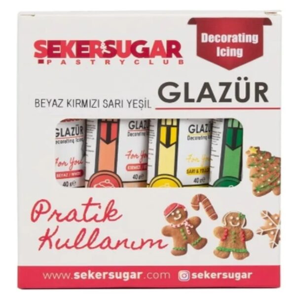Şeker Sugar Renkli Glazür 4 x 40 gr Kutu (Beyaz,Kırmızı,Sarı,Yeşil)