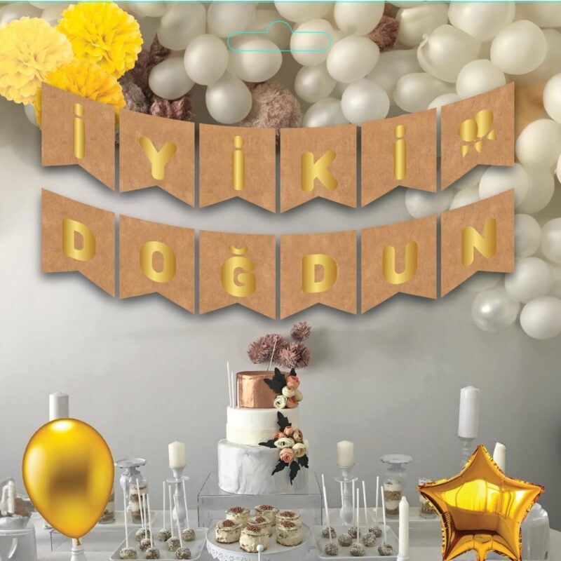 İyi Ki Doğdun Varak Yaldızlı Banner Kraft Gold
