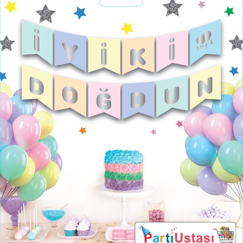 İyi Ki Doğdun Yaldızlı Banner Makaron Gümüş