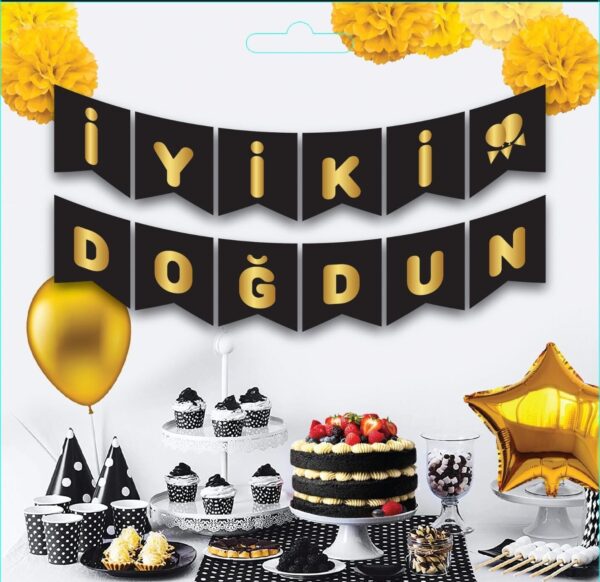 İyi Ki Doğdun Varak Yaldızlı Banner Siyah Gold