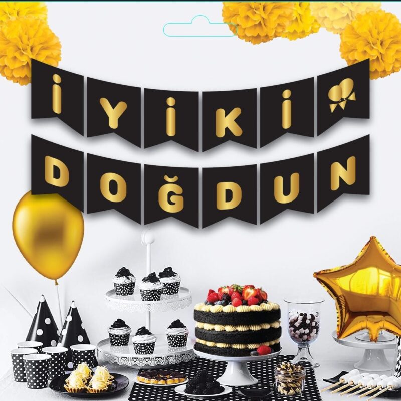 İyi Ki Doğdun Varak Yaldızlı Banner Siyah Gold
